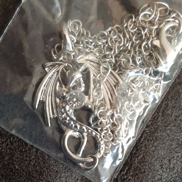 Silver titanium and simulated diamond dragon goth fantasy punk necklace new - Picture 6 of 7